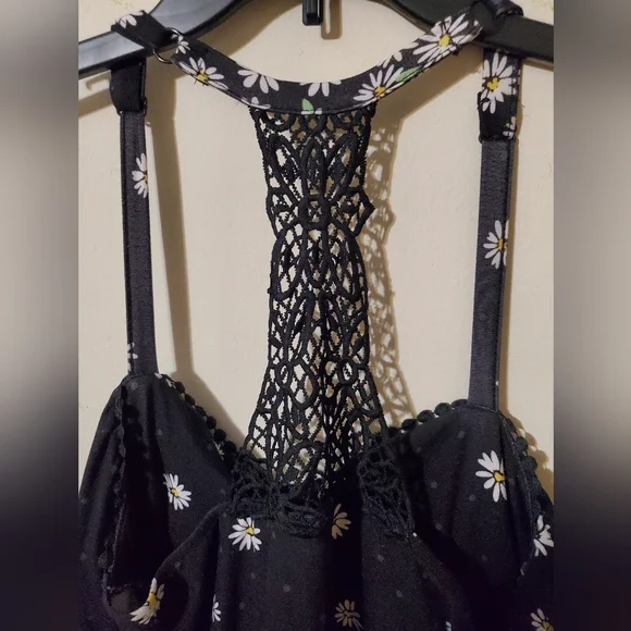 Y2k Black Daisy Print Sundress Crochet Back Fit and Flare - Picture 5 of 5